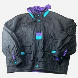 Vintage Ski Puffer 90s Jacket Mixed Blues Large Men Black Hooded